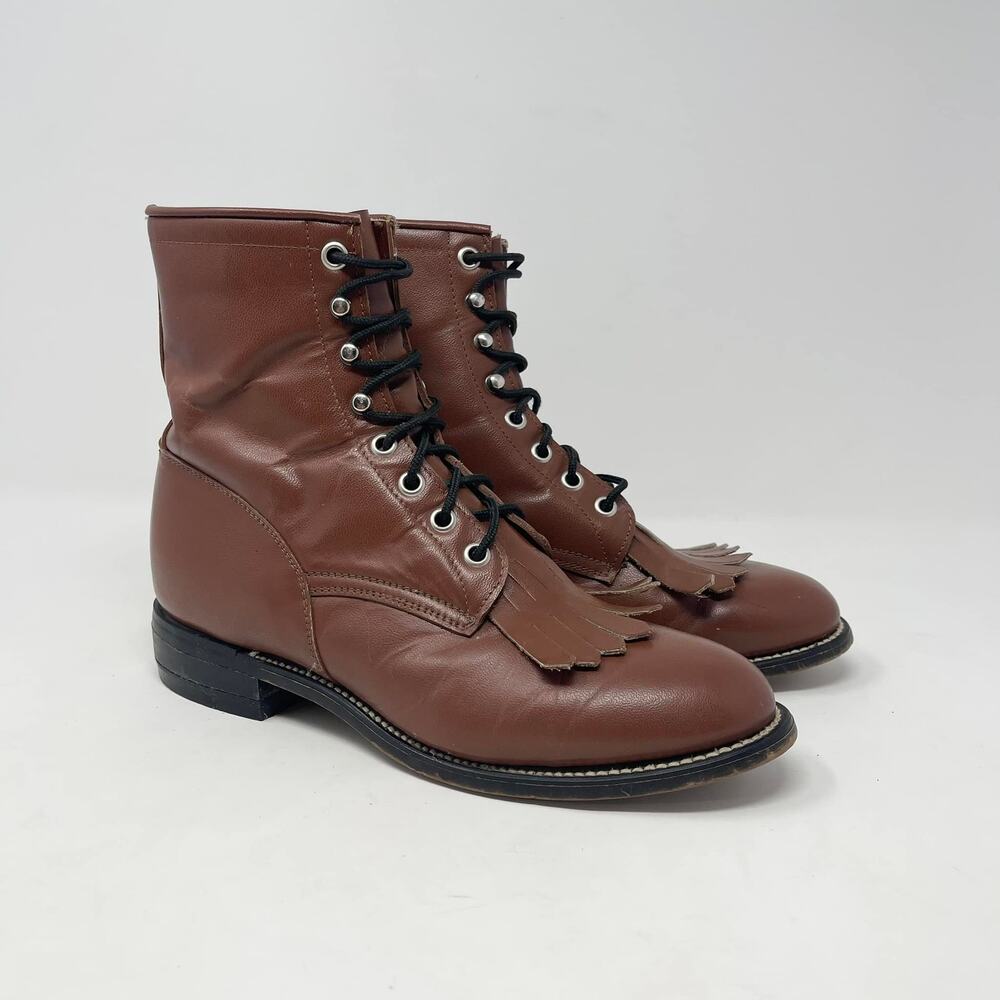 VTG Justin Roper Lace Up‎ Kiltie Western Boot Womens 5D Brown Leather Cowgirl